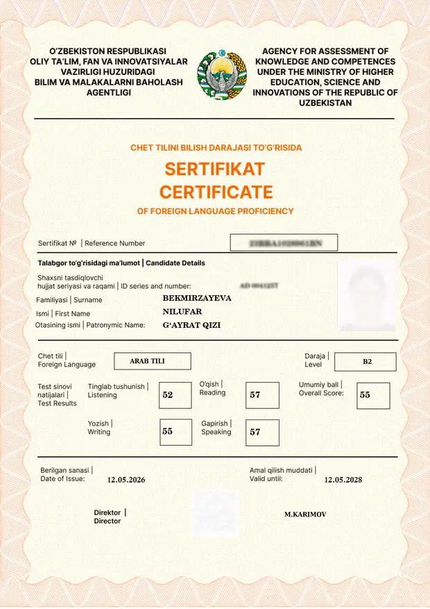 Academy of Arabic oʻquvchisining CEFR sertifikati