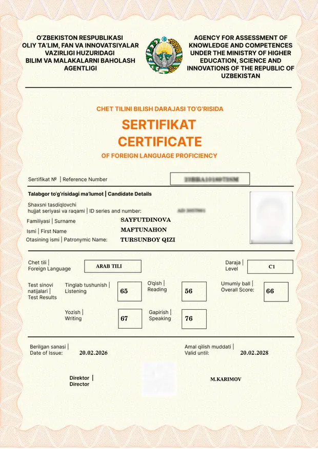 Academy of Arabic oʻquvchisining CEFR sertifikati