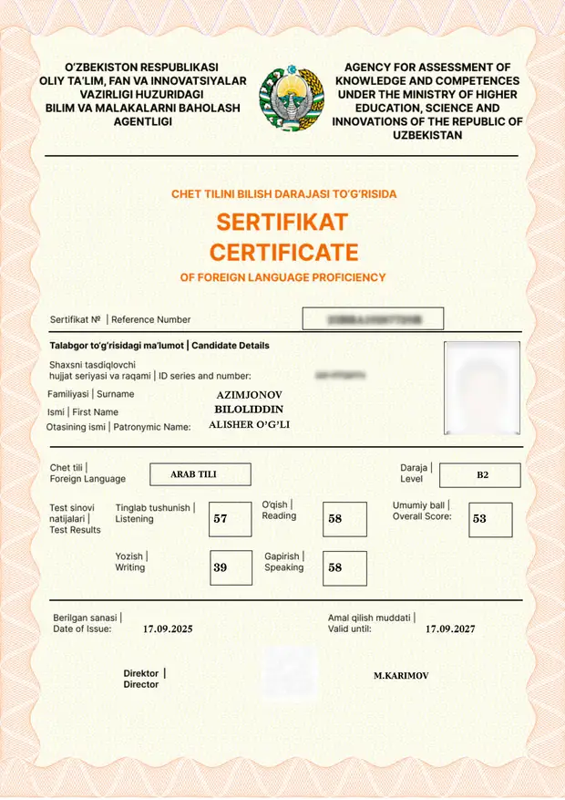 Academy of Arabic oʻquvchisining CEFR sertifikati