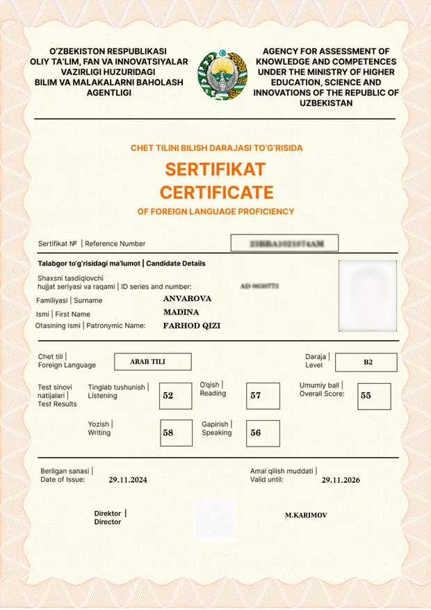 Academy of Arabic oʻquvchisining CEFR sertifikati