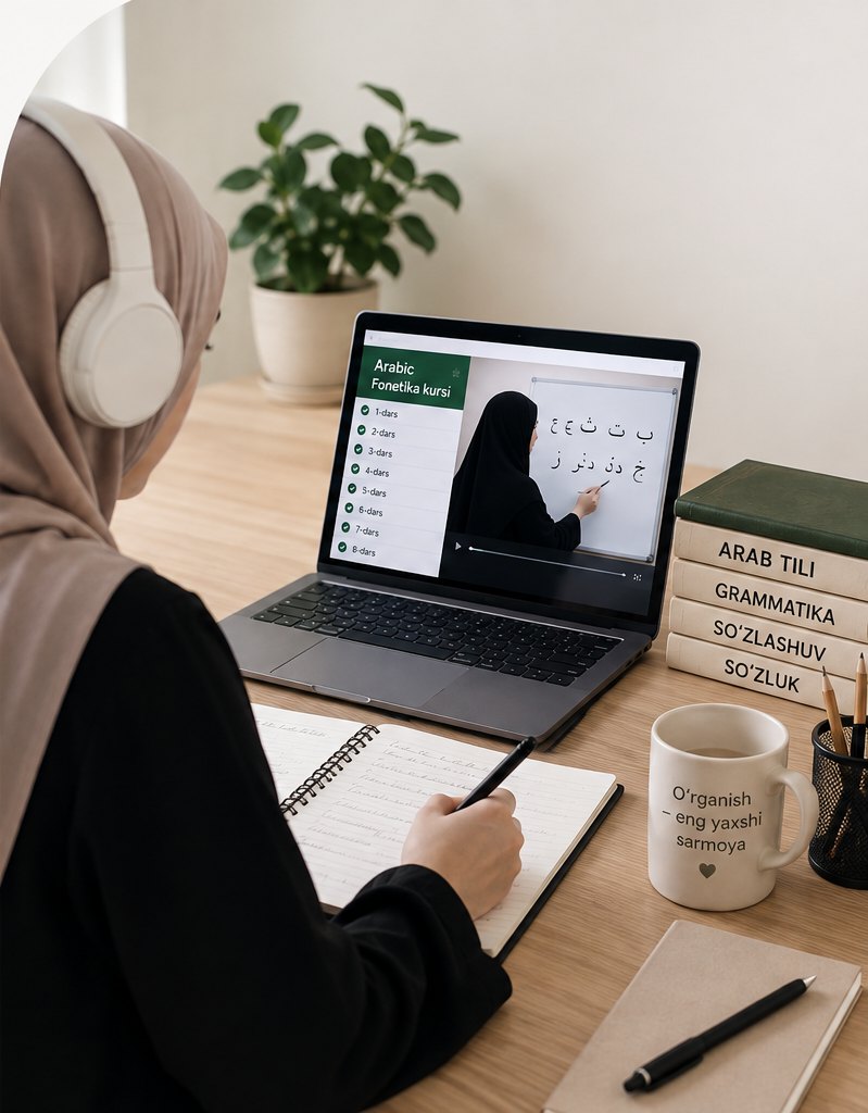 Online arab tili fonetika kursi — oʻquvchi noutbukda video darsni koʻrmoqda